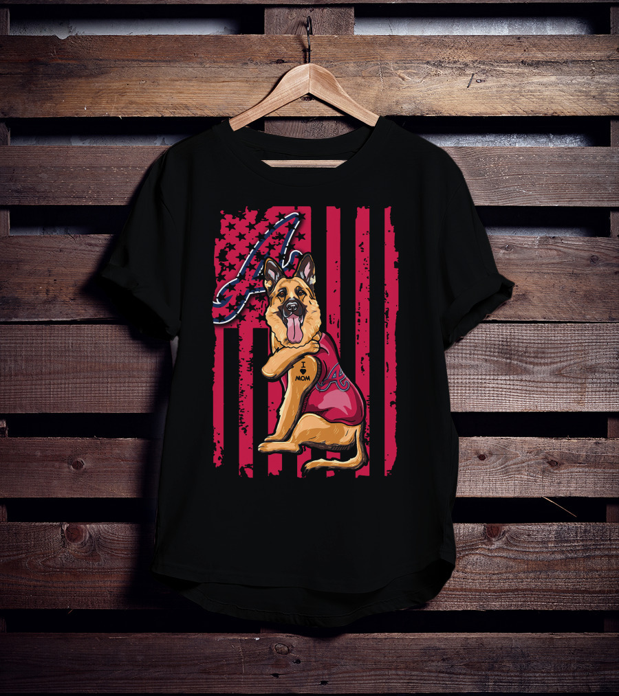 German Shepherd Wearing Atlanta Braves Jersey With A Logo And Flag Background T-Shirt