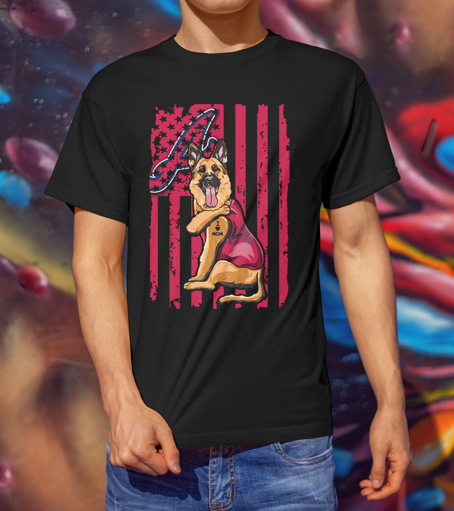 German Shepherd Wearing Atlanta Braves Jersey With A Logo And Flag Background T-Shirt