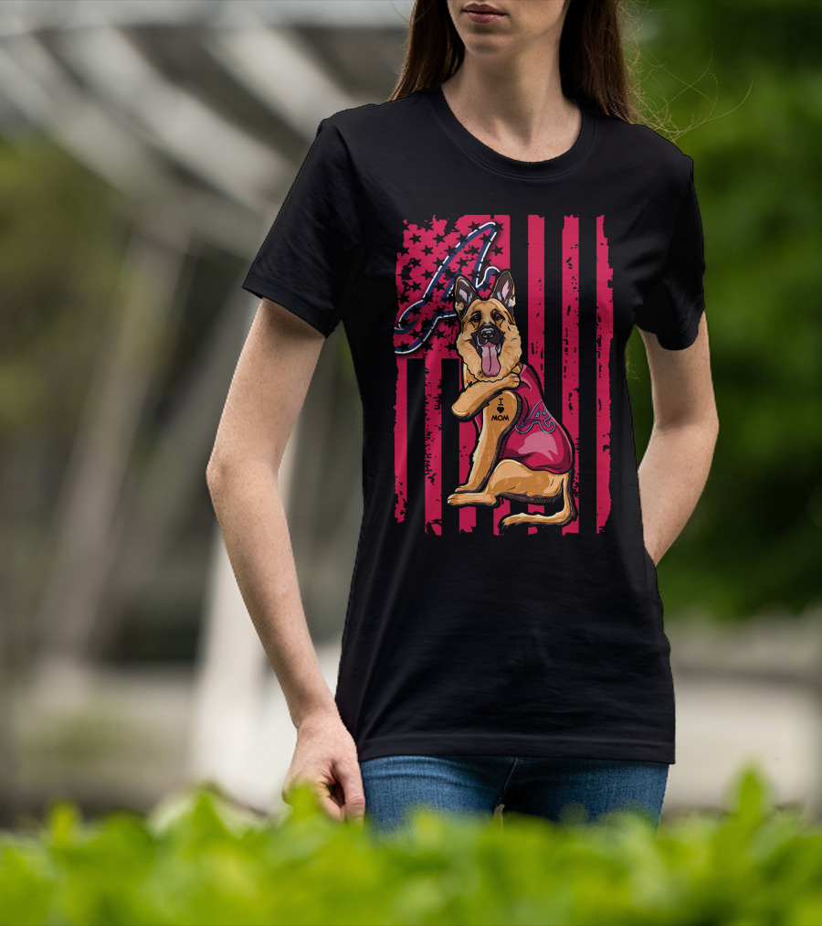 German Shepherd Wearing Atlanta Braves Jersey With A Logo And Flag Background T-Shirt