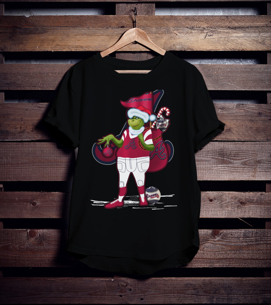 Grinchxmas Atlanta Braves Santa Holding Baseball Candy Cane T-Shirt