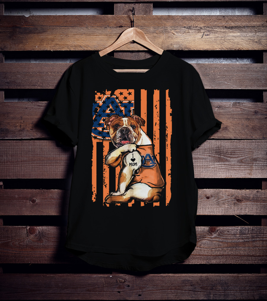 Bulldog I Love Mom Auburn Tigers Logo Stripes T-Shirt