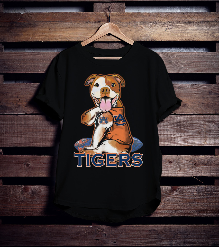 Pittbull Wearing Auburn Tigers Logo With Football T-Shirt