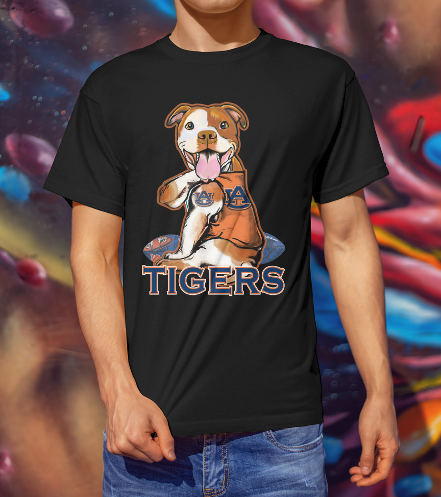 Pittbull Wearing Auburn Tigers Logo With Football T-Shirt