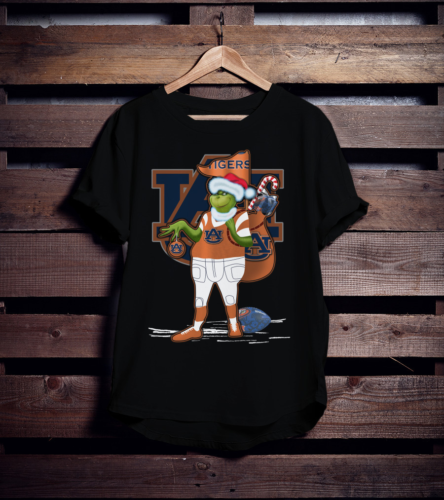 Grinch Christmas Auburn Tigers Football Santa Hat Candy Cane Sack T-Shirt