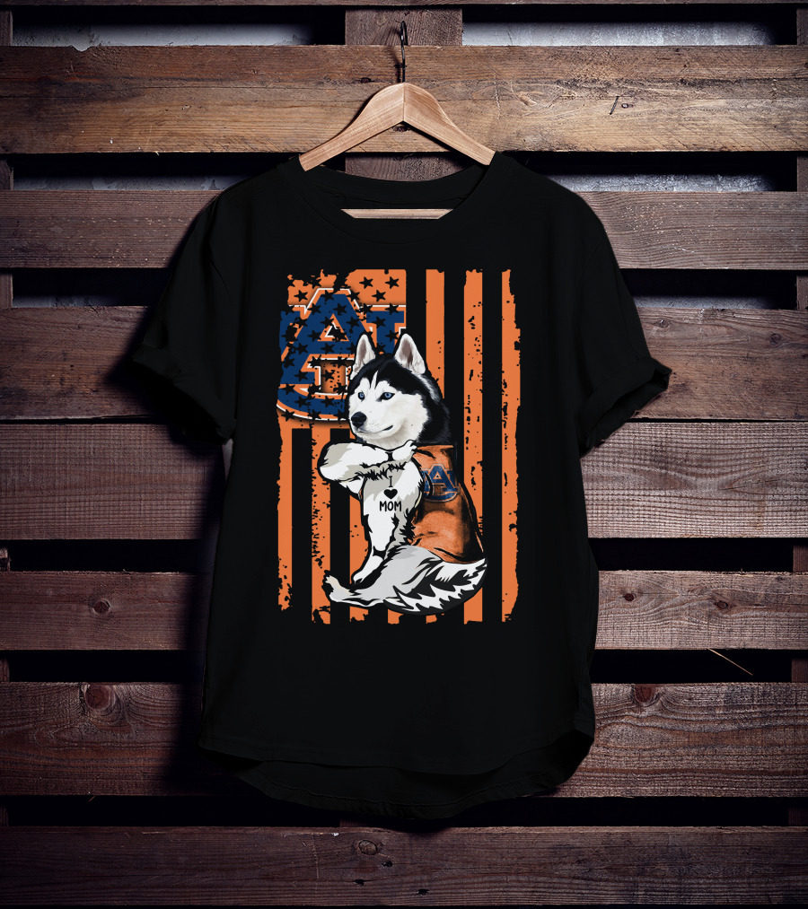 Siberian Husky Auburn Tigers Mom Heart Icon With Orange And Blue Flag T-Shirt