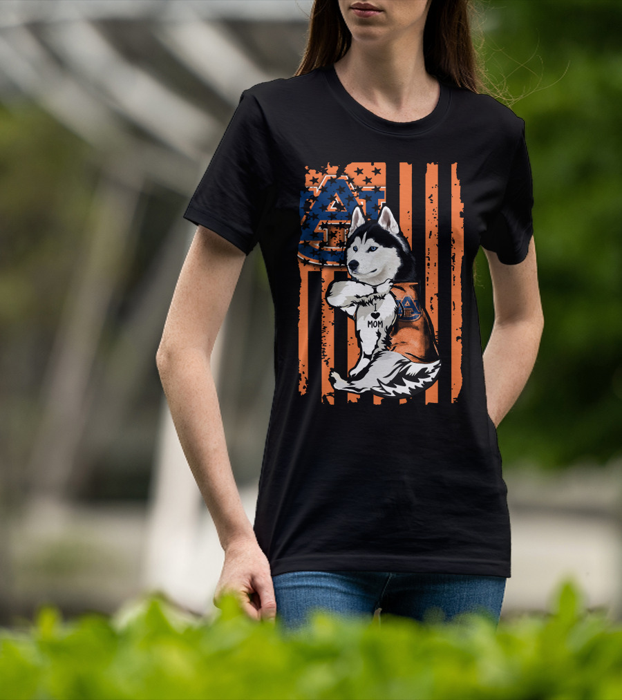 Siberian Husky Auburn Tigers Mom Heart Icon With Orange And Blue Flag T-Shirt