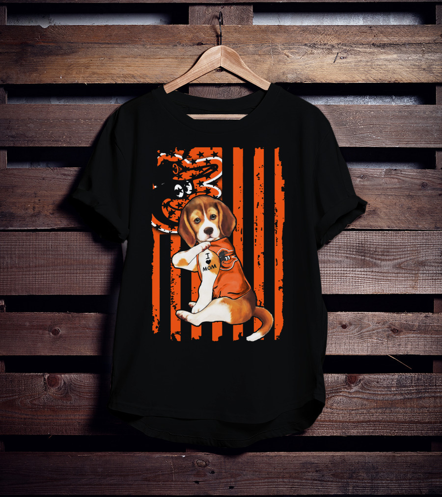 Beagle In Baltimore Orioles Orange With I Love Mom Tattoo And Stars And Stripes Background T-Shirt
