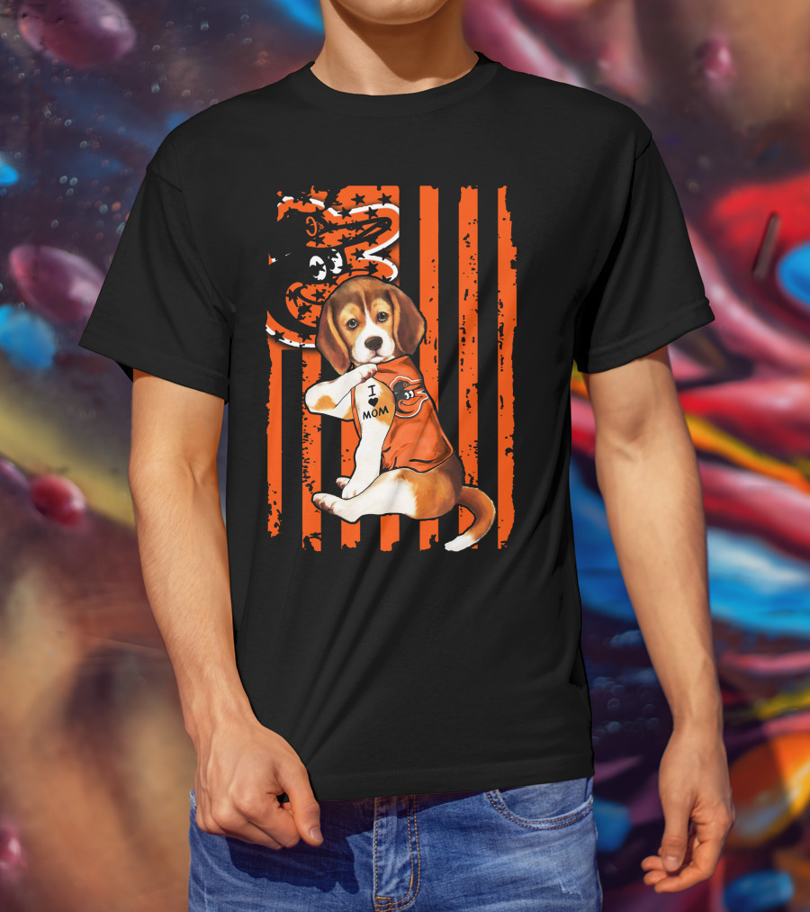 Beagle In Baltimore Orioles Orange With I Love Mom Tattoo And Stars And Stripes Background T-Shirt