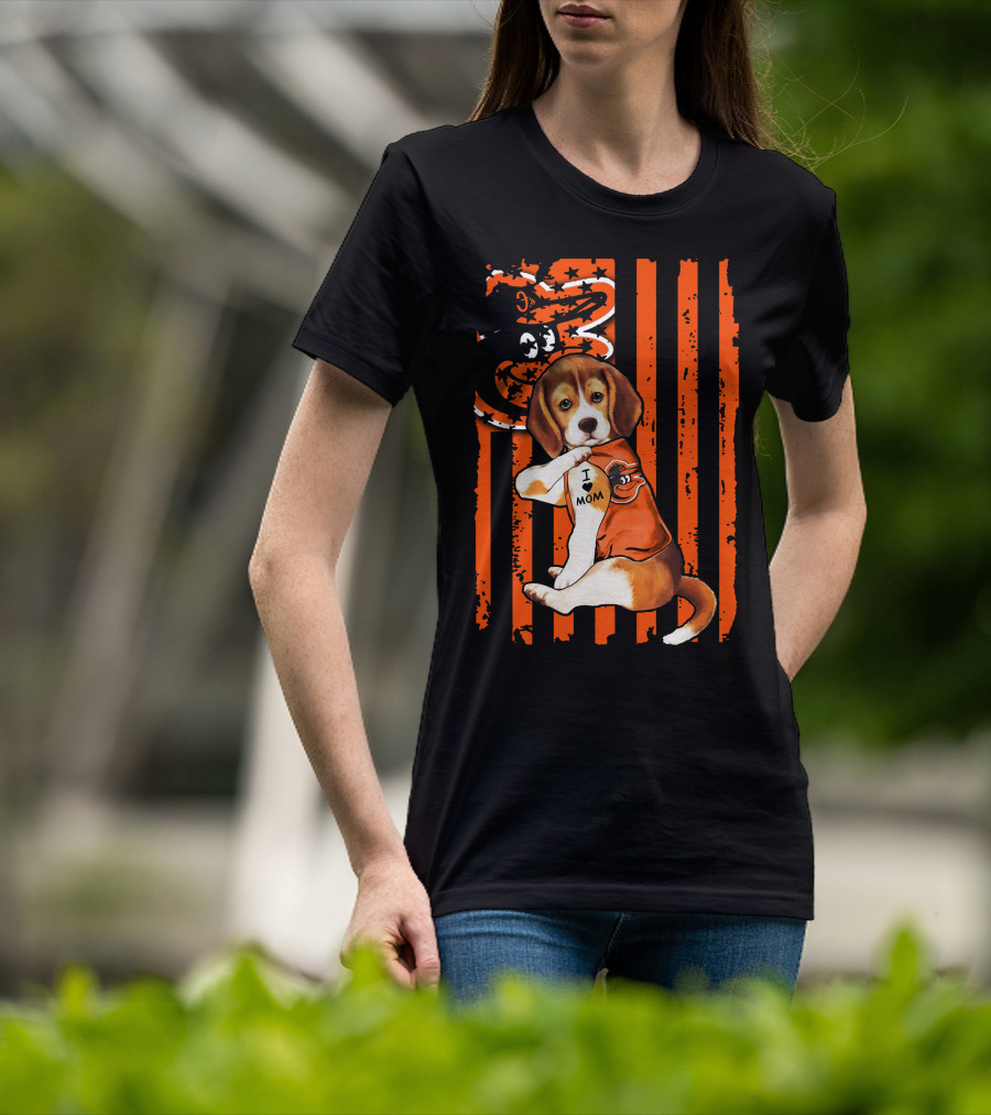Beagle In Baltimore Orioles Orange With I Love Mom Tattoo And Stars And Stripes Background T-Shirt