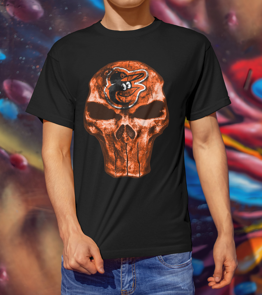 Skull V4 Baltimore Orioles Logo Grunge T-Shirt