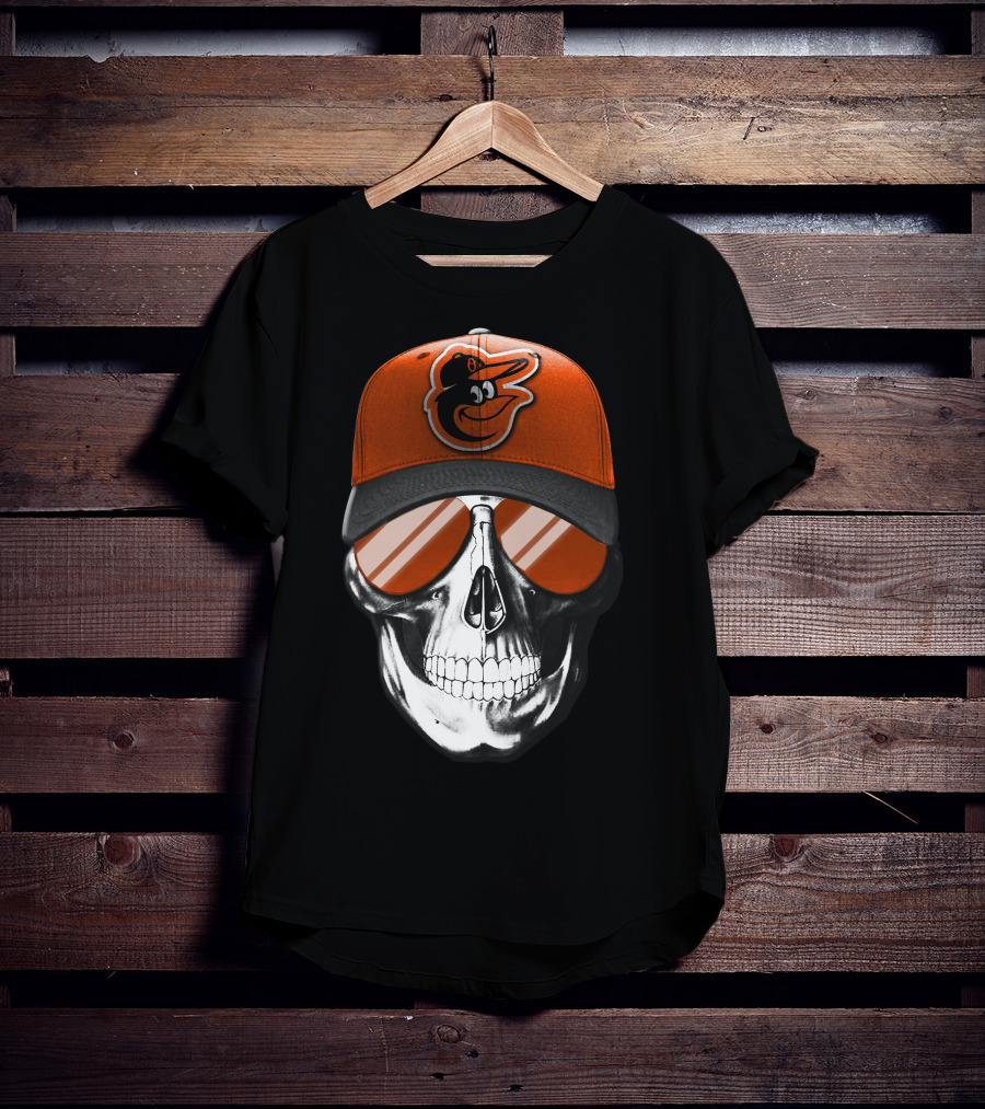 Skull V7 Baltimore Orioles Cap And Sunglasses T-Shirt
