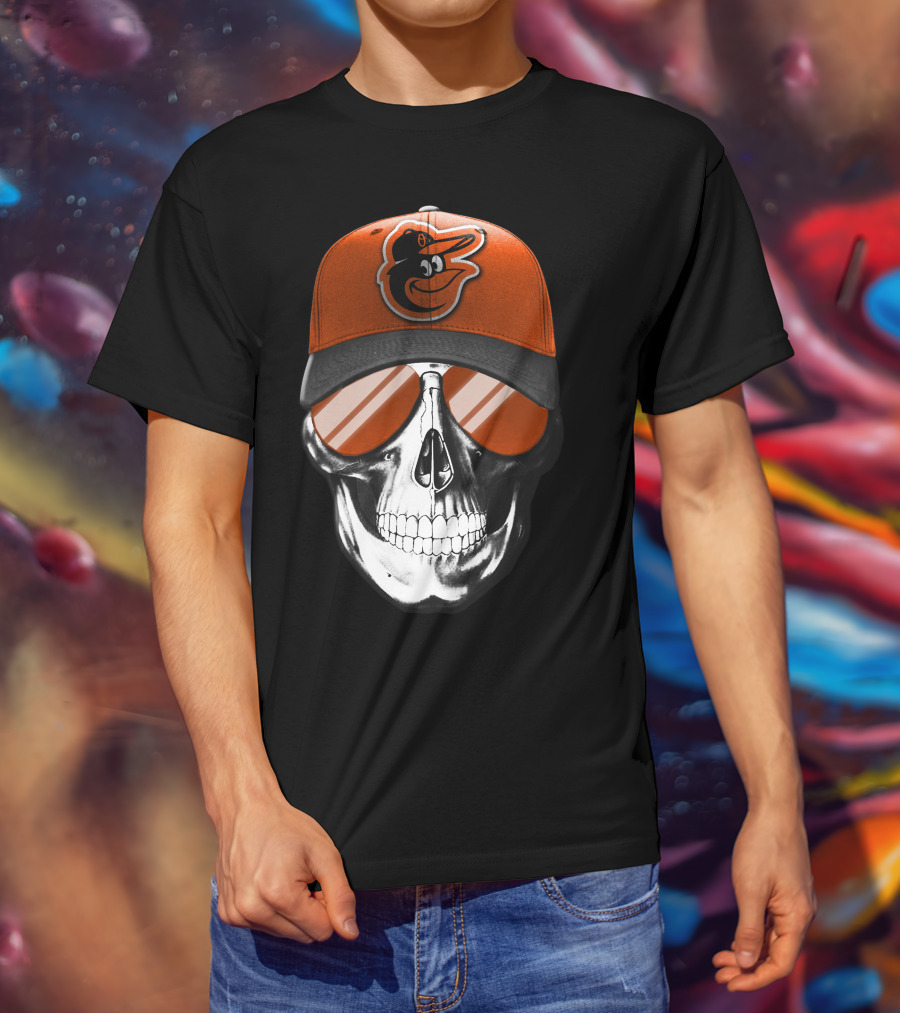 Skull V7 Baltimore Orioles Cap And Sunglasses T-Shirt
