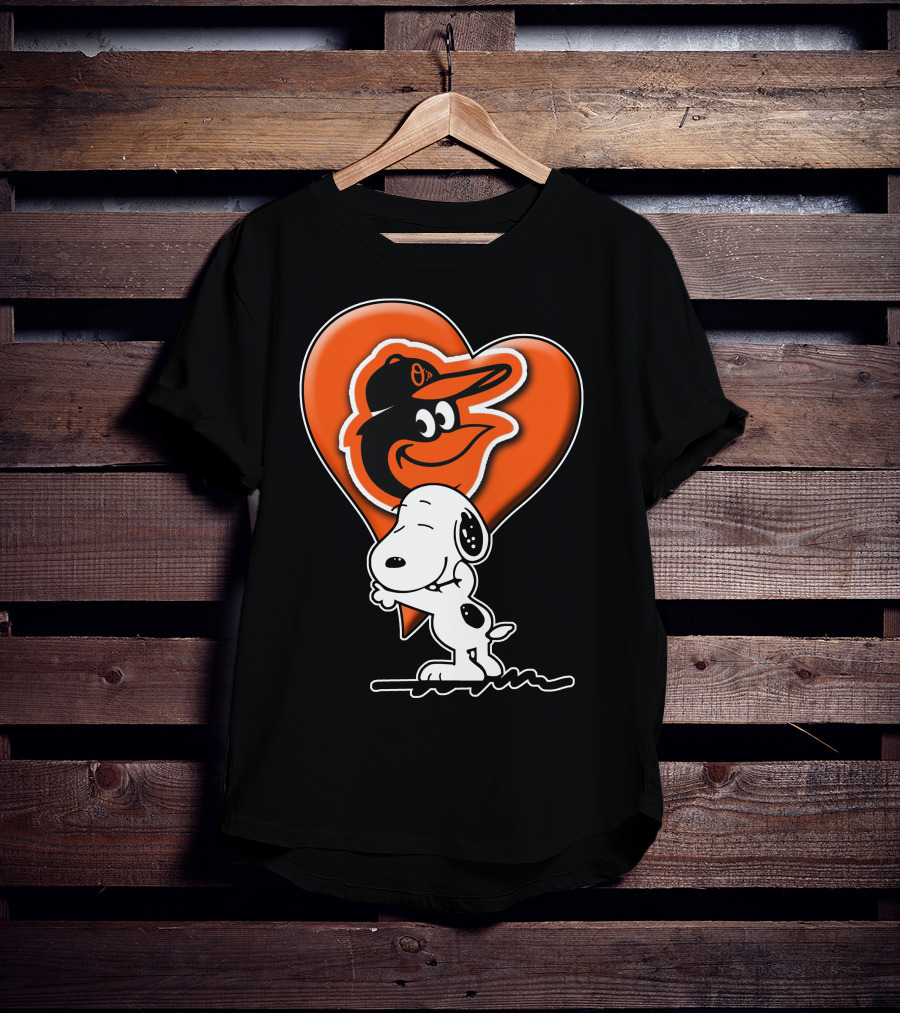 Snoopy Hugging Heart With Baltimore Orioles Bird T-Shirt