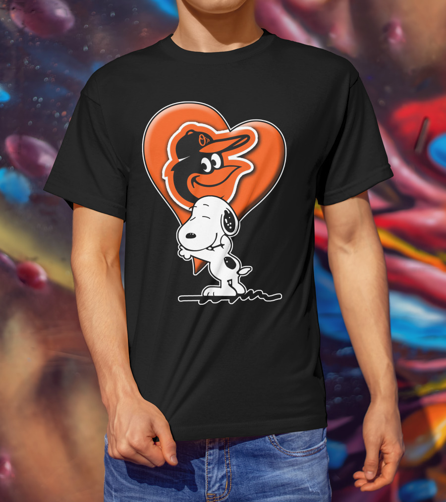Snoopy Hugging Heart With Baltimore Orioles Bird T-Shirt