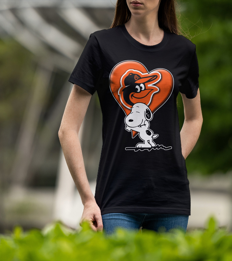 Snoopy Hugging Heart With Baltimore Orioles Bird T-Shirt
