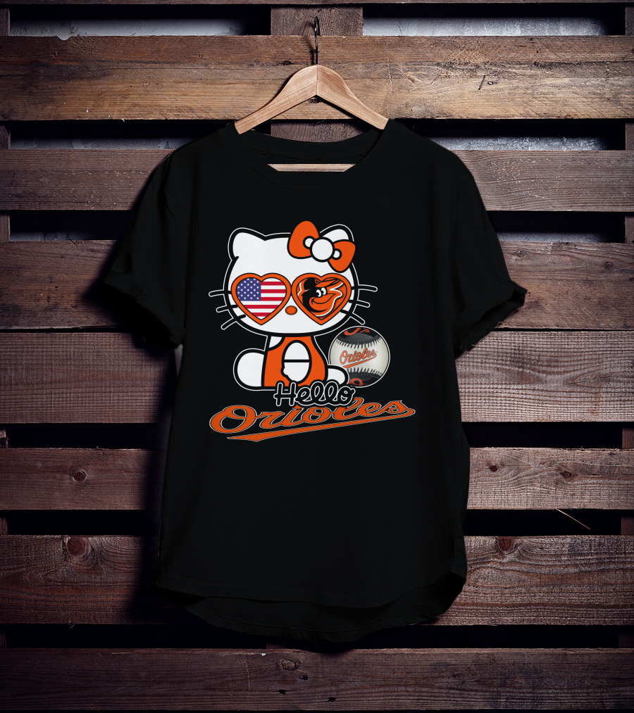 Hello Kitty Orioles Baltimore American Flag Baseball T-Shirt