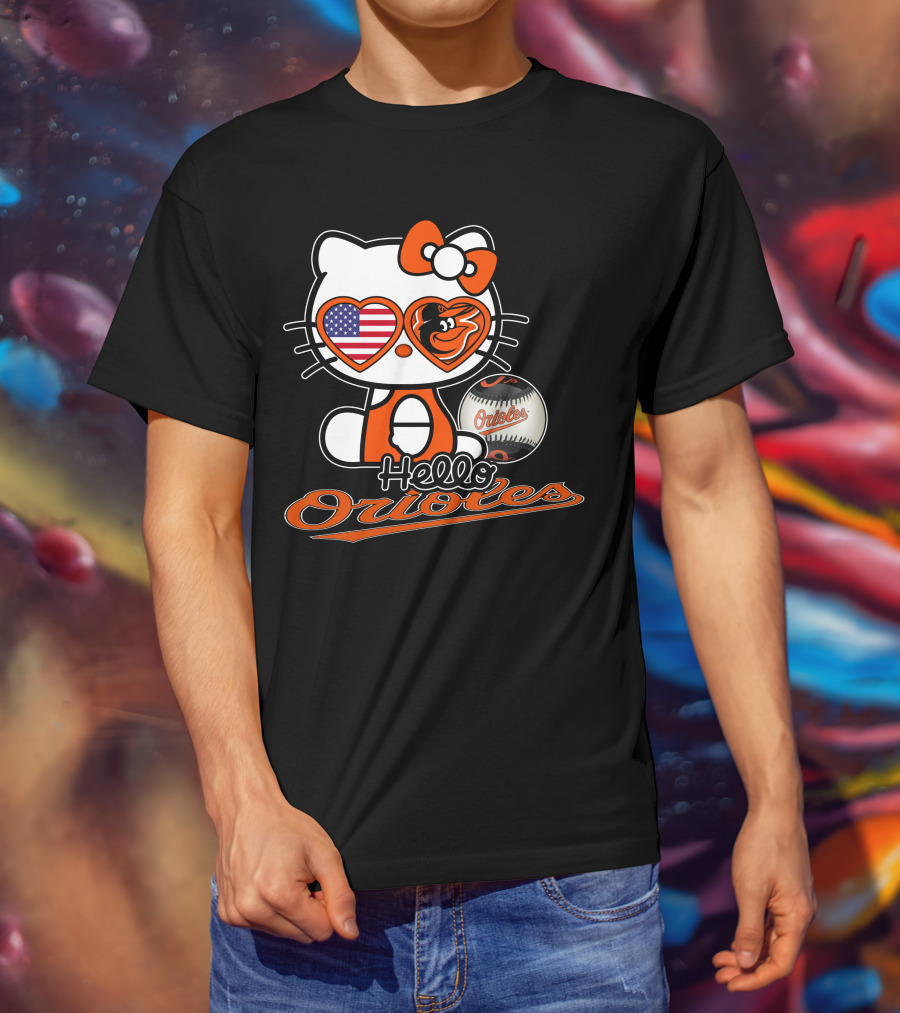 Hello Kitty Orioles Baltimore American Flag Baseball T-Shirt