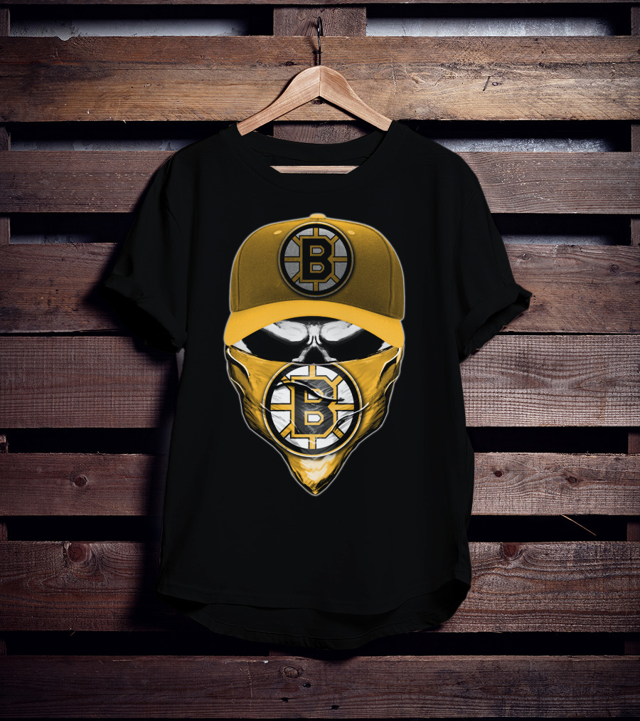 Skull Boston Bruins Logo Cap Mask T-Shirt
