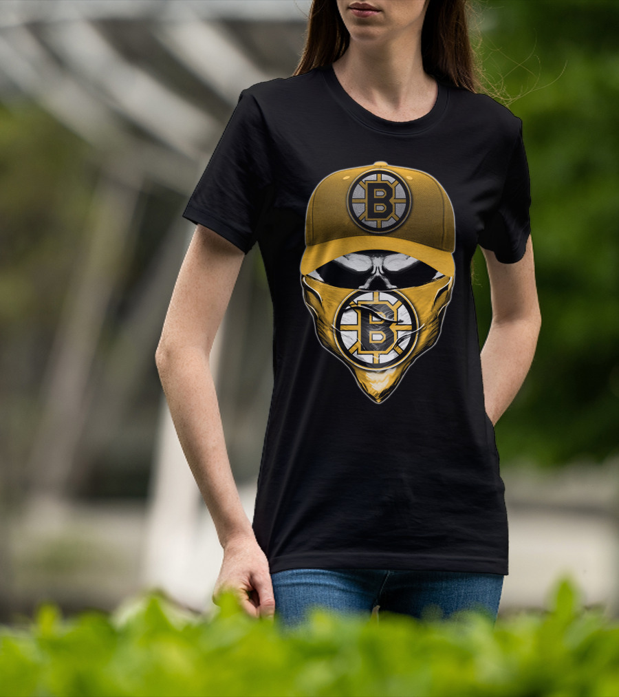 Skull Boston Bruins Logo Cap Mask T-Shirt