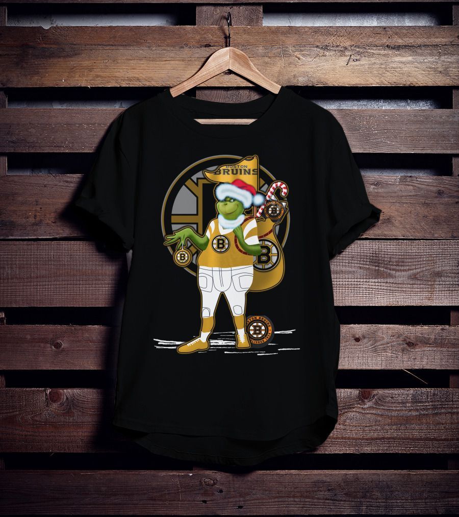 Grinch Boston Bruins Santa Hat Candy Cane Bruins T-Shirt