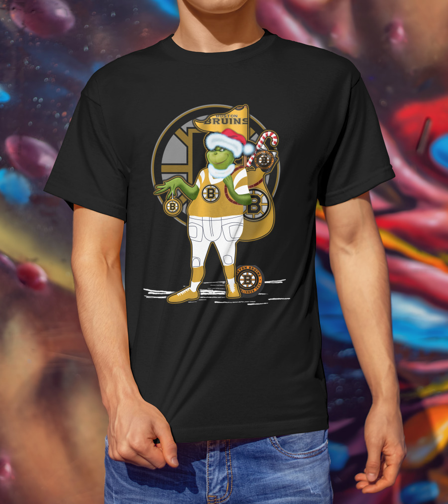 Grinch Boston Bruins Santa Hat Candy Cane Bruins T-Shirt