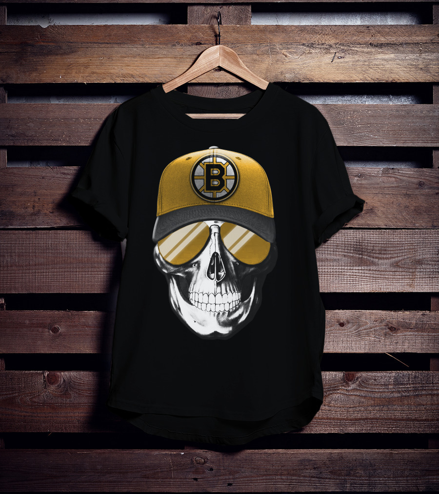 Skull In Yellow Boston Bruins Cap And Sunglasses T-Shirt