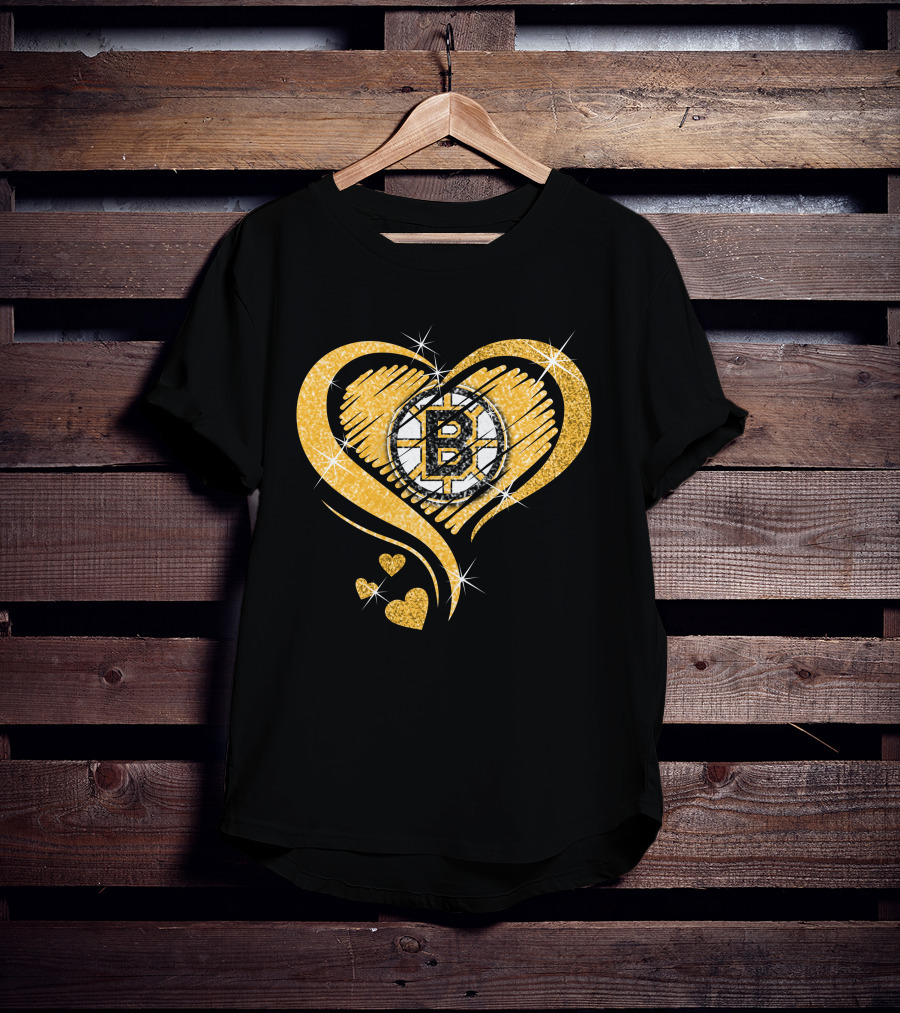 Boston Bruins Heart Glitter Logo Diamond T-Shirt
