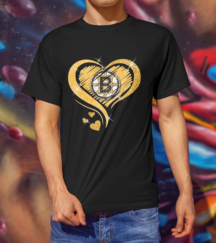 Boston Bruins Heart Glitter Logo Diamond T-Shirt