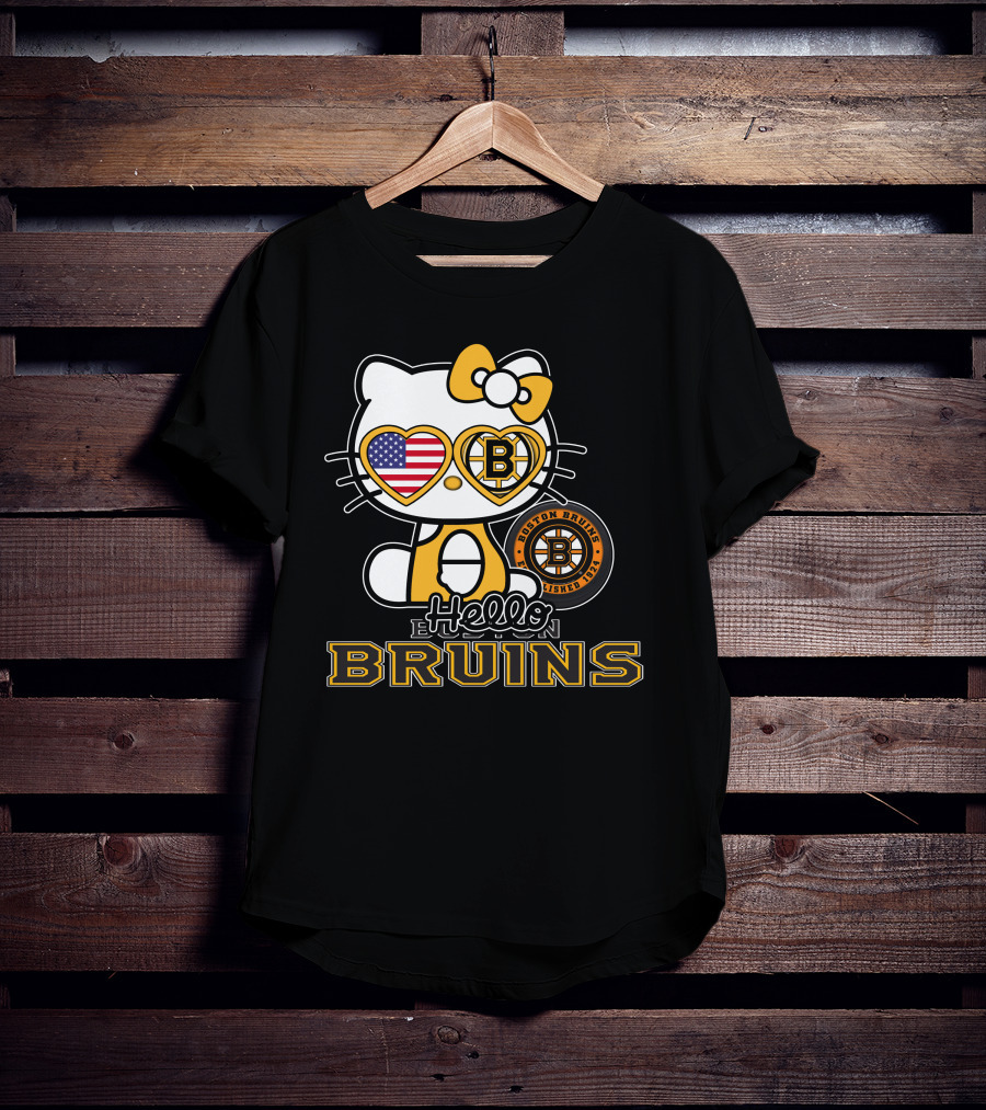 Hello Kitty Boston Bruins Established 1924 USA Flag Heart Sunglasses T-Shirt