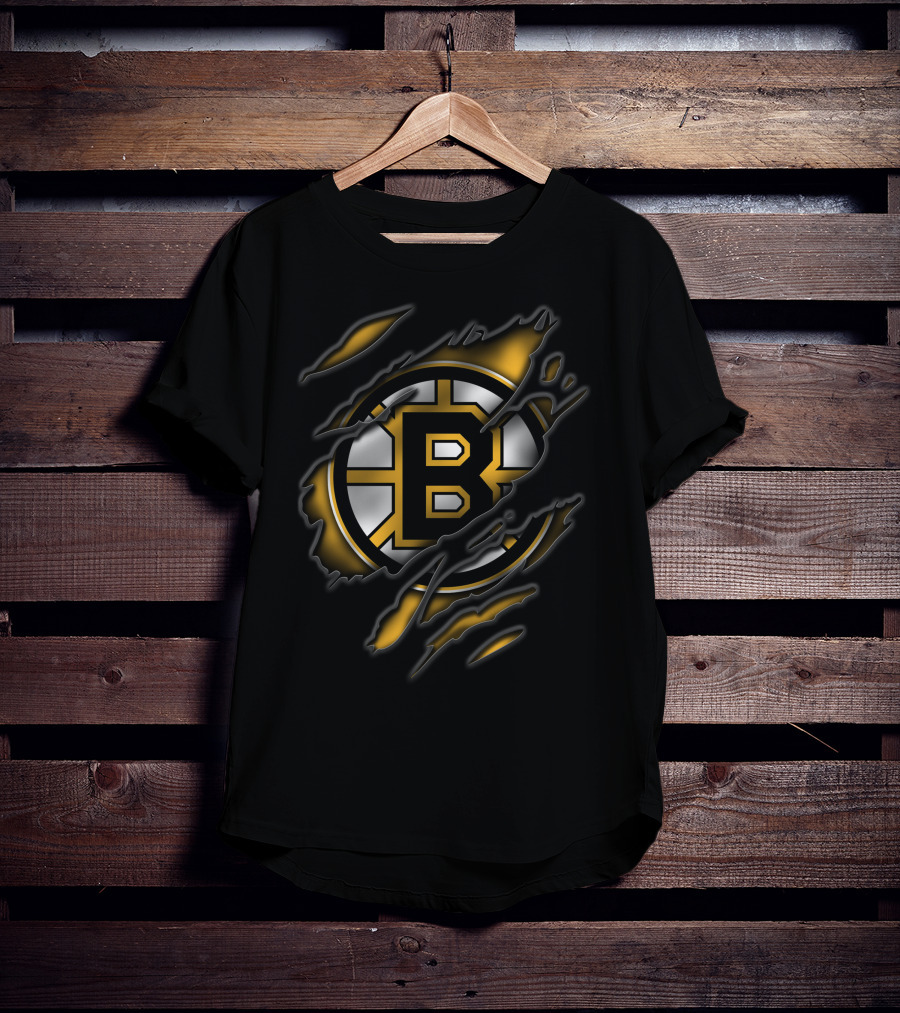 Torn Boston Bruins Logo Emblem Ripped Claw Marks T-Shirt