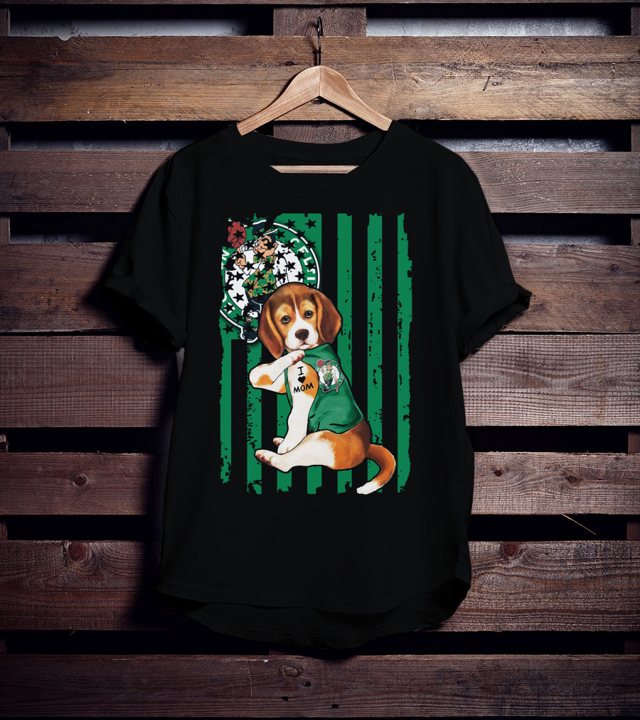 Beagle I Love Mom Boston Celtics Green Stripes T-Shirt