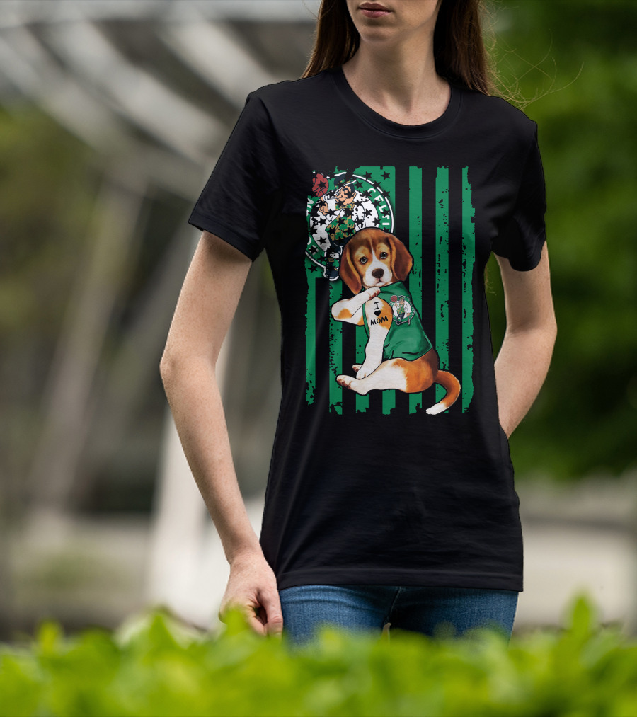 Beagle I Love Mom Boston Celtics Green Stripes T-Shirt