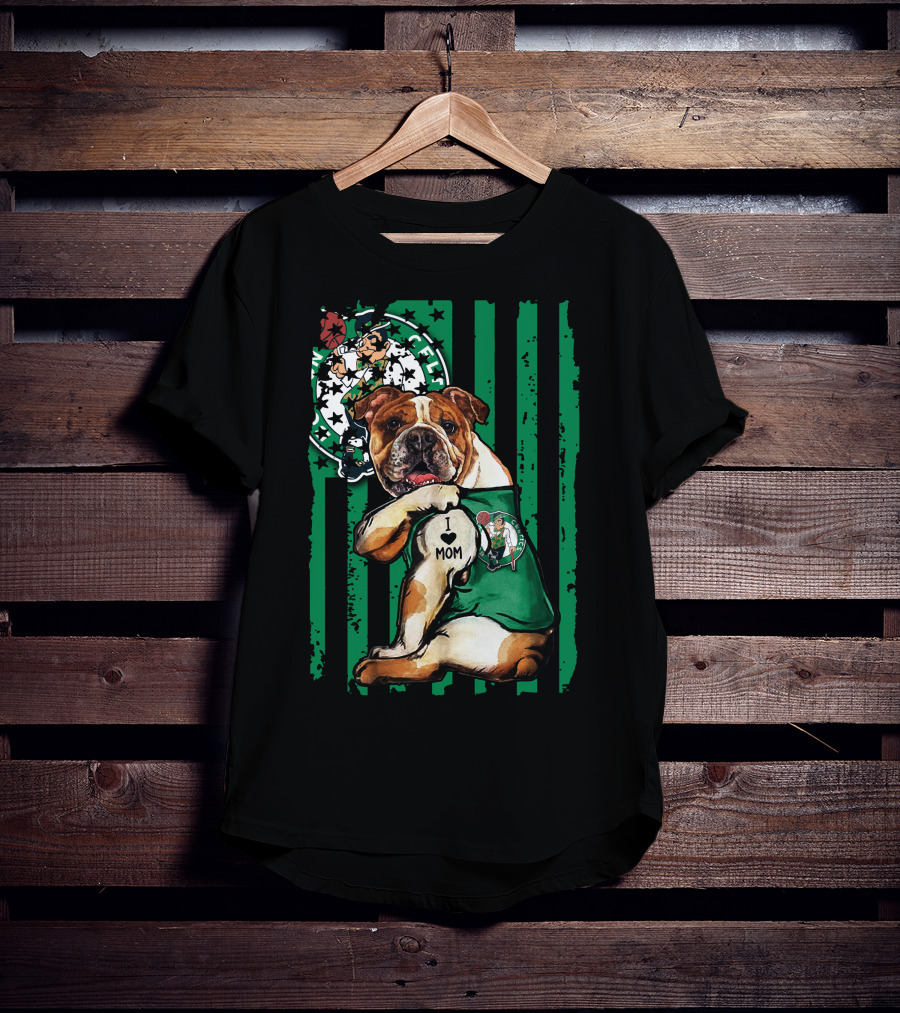 Bulldog Boston Celtics I Love Mom Green Stripes Basketball T-Shirt