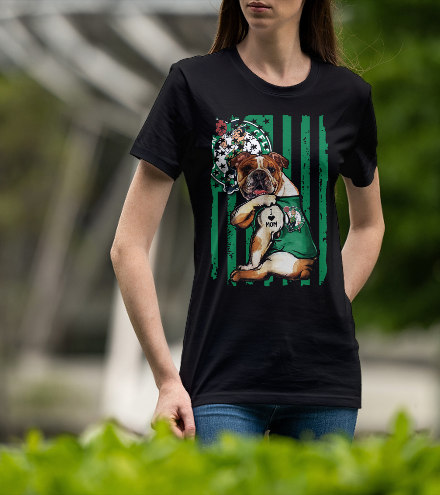 Bulldog Boston Celtics I Love Mom Green Stripes Basketball T-Shirt