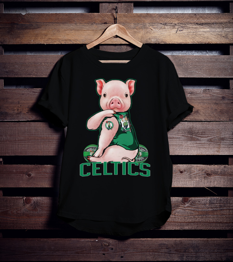 Pig Wearing Boston Celtics Logo Jersey With Celtics Text T-Shirt