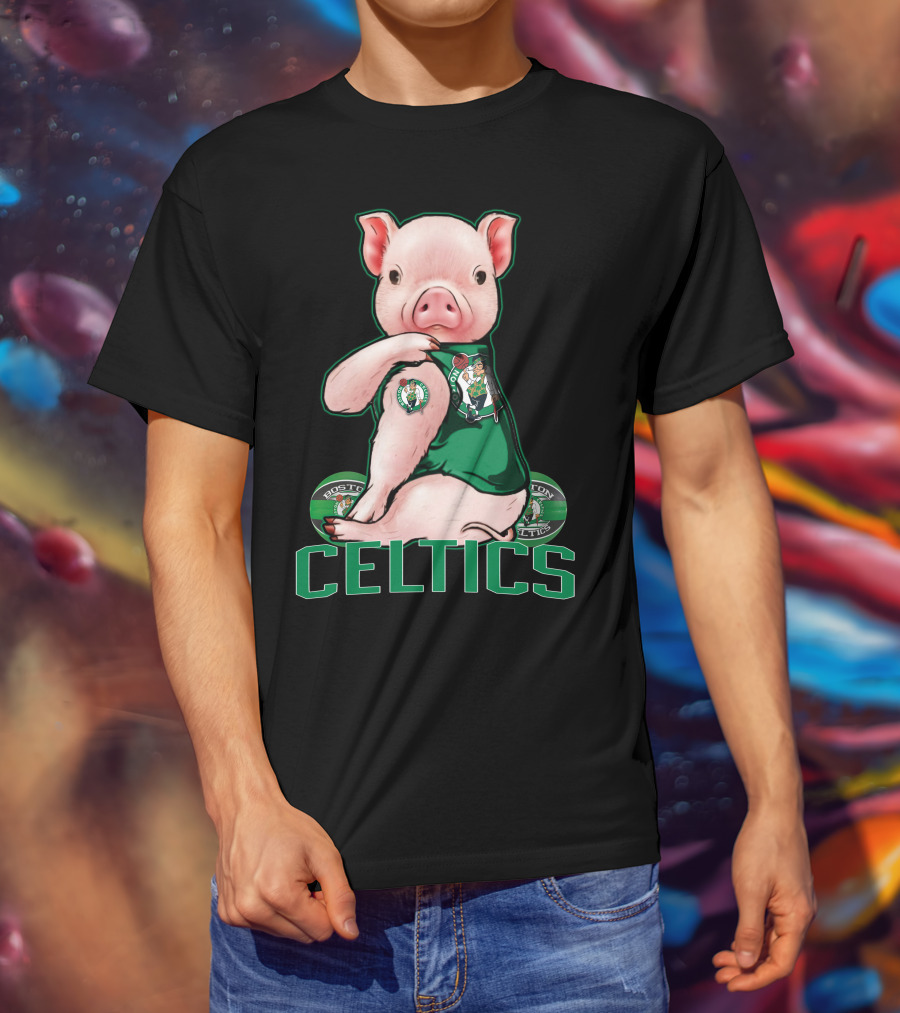 Pig Wearing Boston Celtics Logo Jersey With Celtics Text T-Shirt