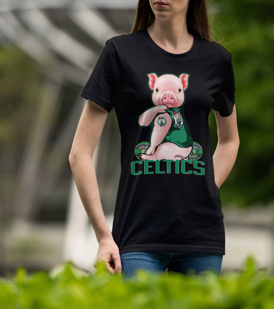 Pig Wearing Boston Celtics Logo Jersey With Celtics Text T-Shirt