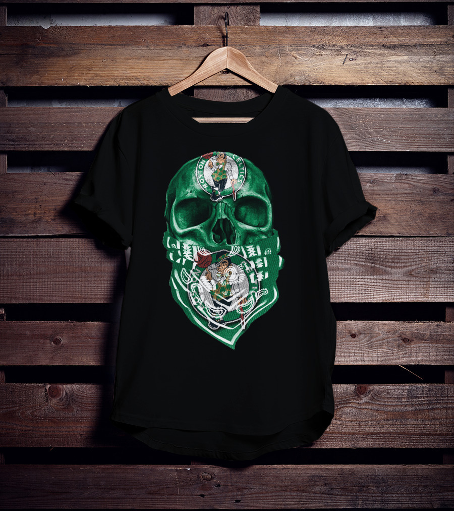 Boston Celtics Skull With Iconic Logos And Green Bandana T-Shirt