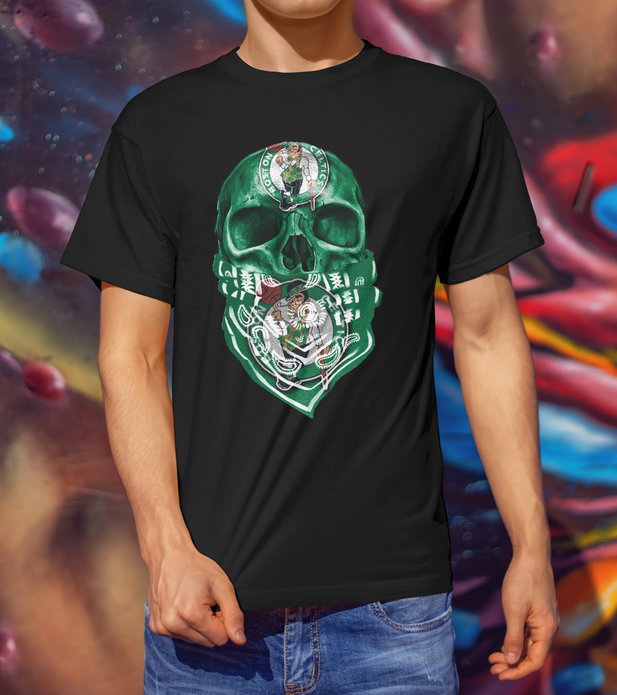 Boston Celtics Skull With Iconic Logos And Green Bandana T-Shirt