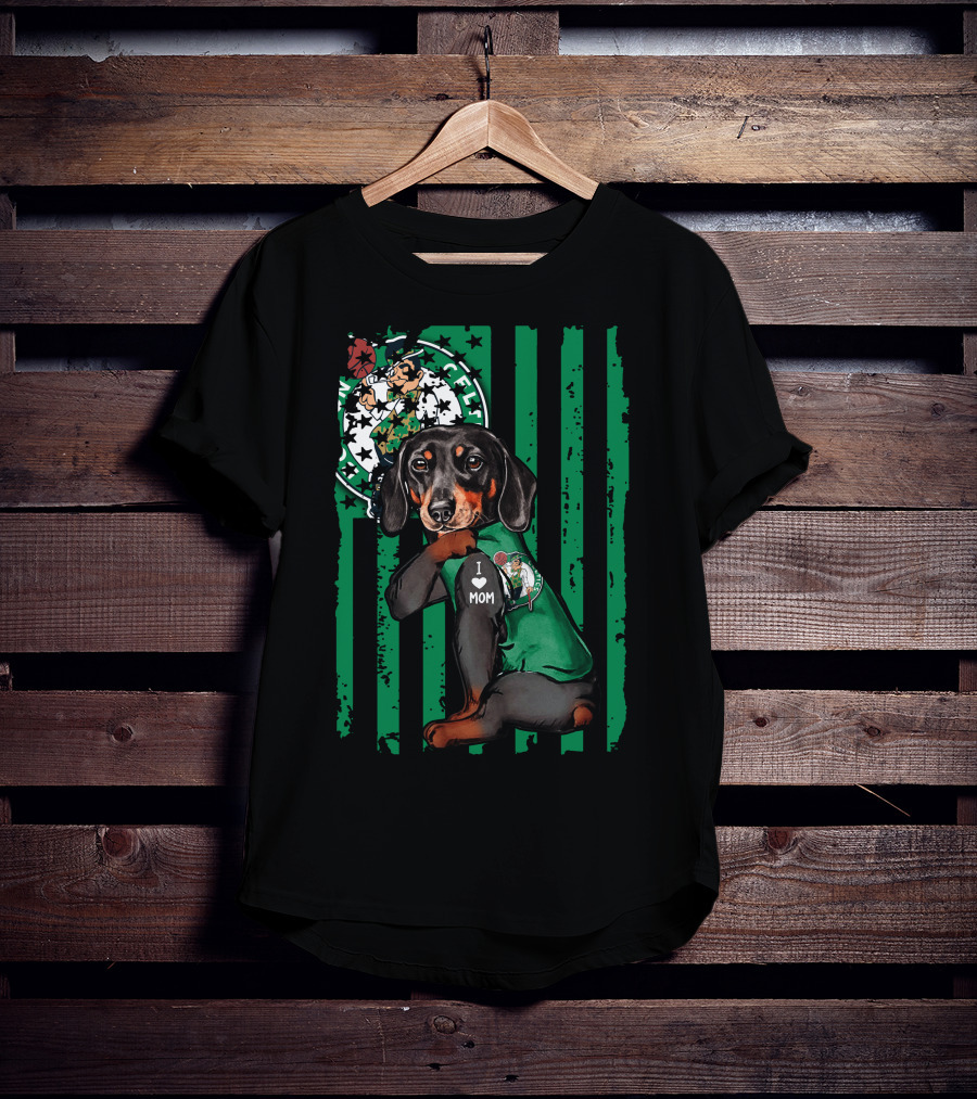 Dachshund Wearing I Love Mom Shirt With Boston Celtics Logo And Mascot T-Shirt