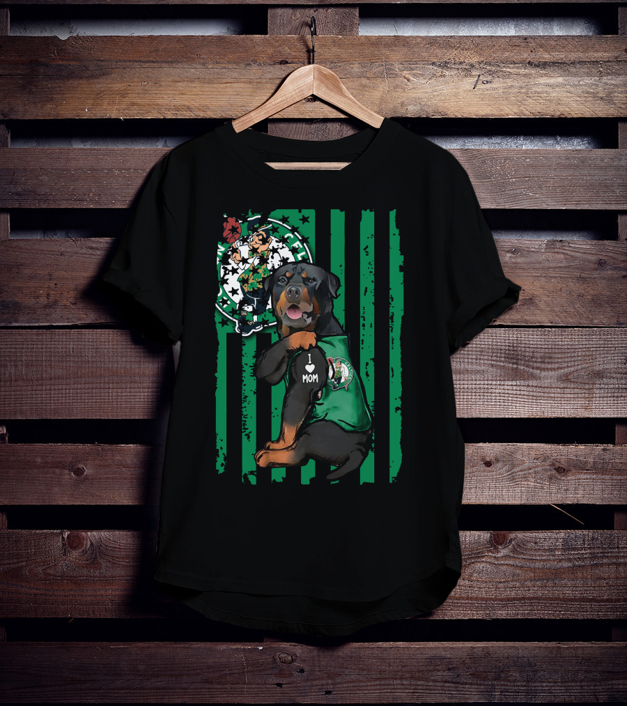 Rottweiler I Love Mom Boston Celtics Fan Logo Background T-Shirt