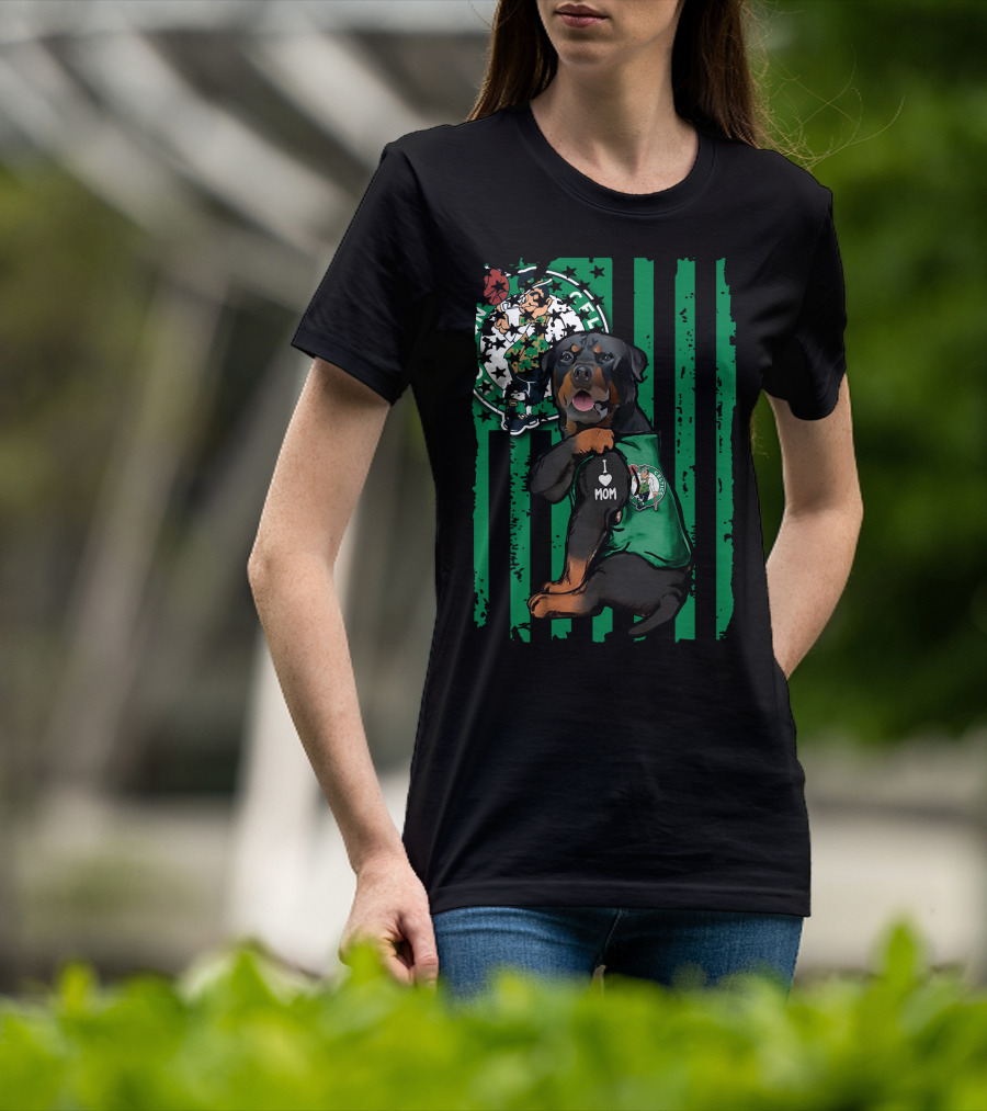 Rottweiler I Love Mom Boston Celtics Fan Logo Background T-Shirt