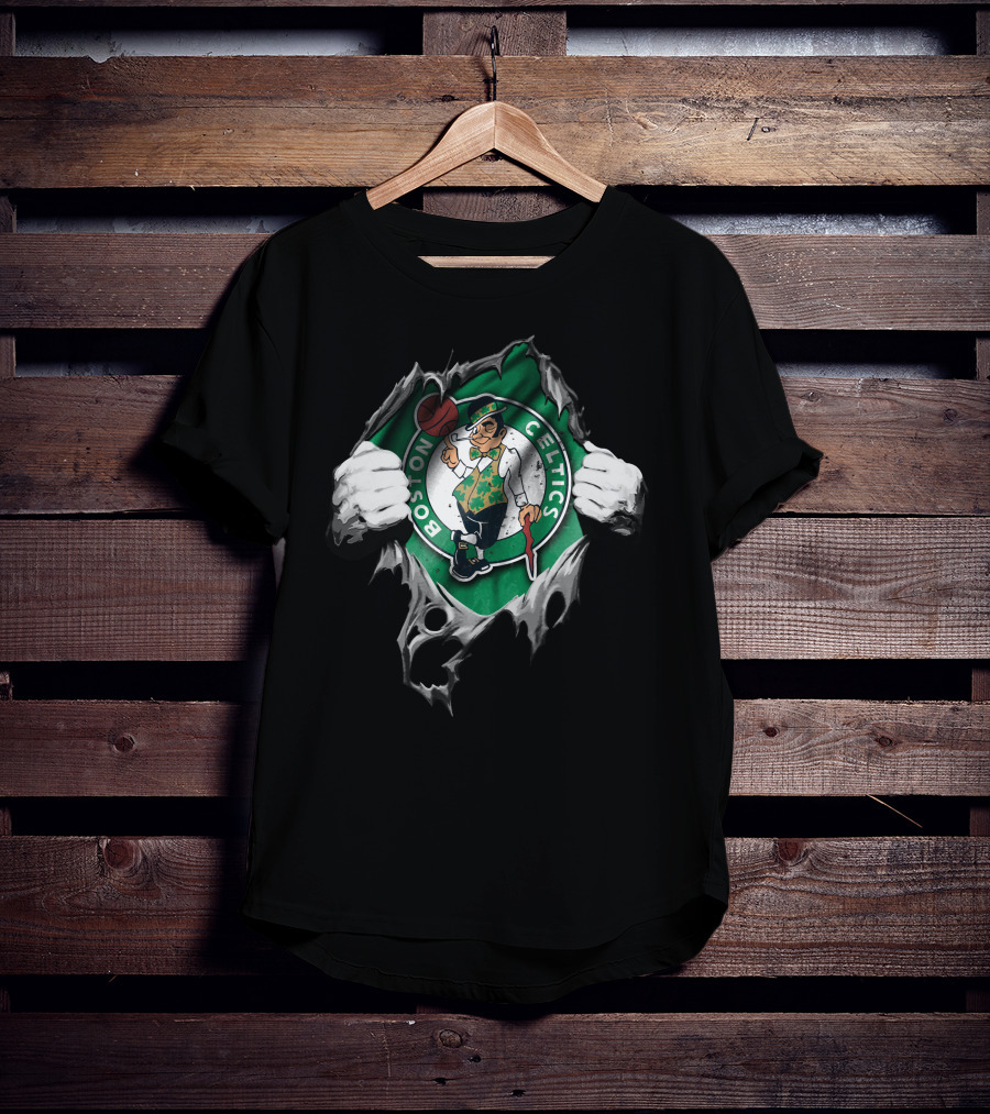 Boston Celtics Logo Torn Through Green And Black T-Shirt