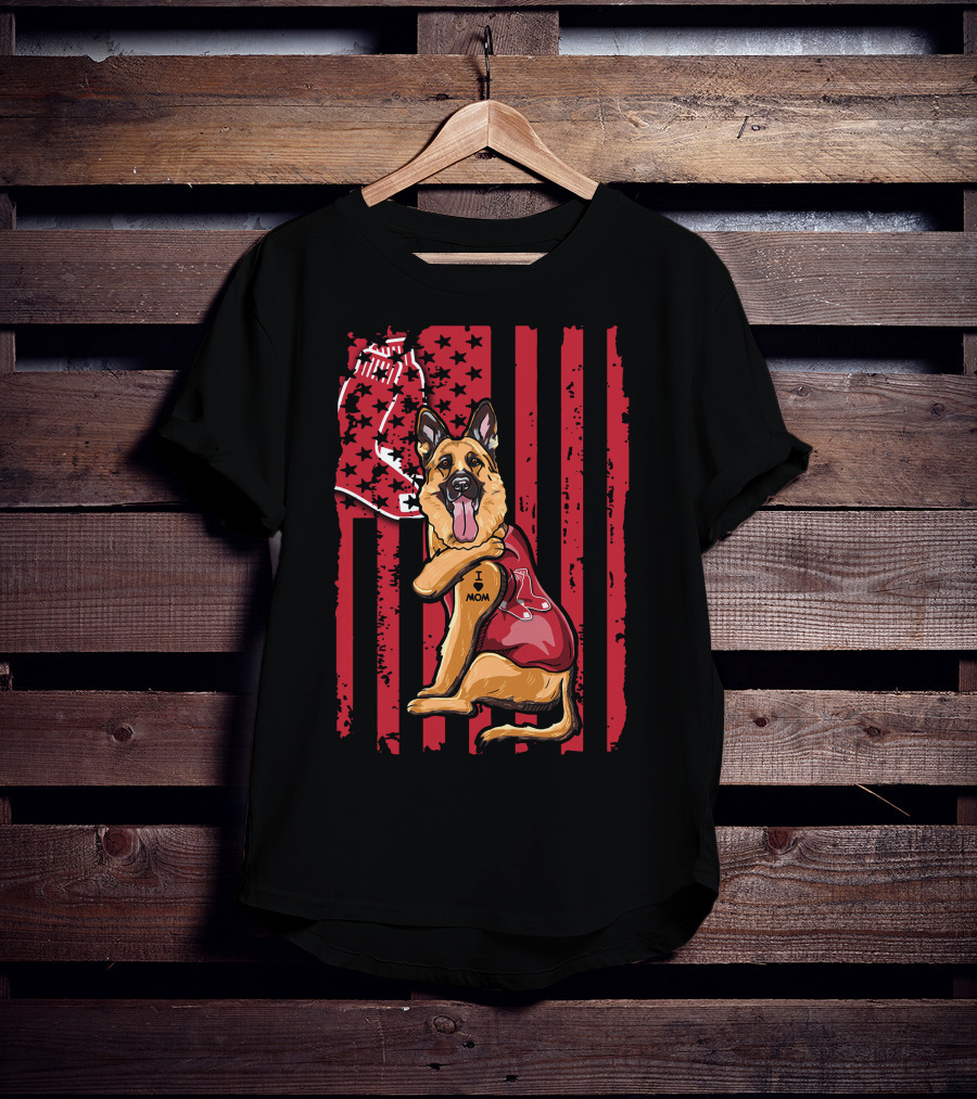 German Shepherd Boston Red Sox I Love Mom Baseball Bat And Glove T-Shirt