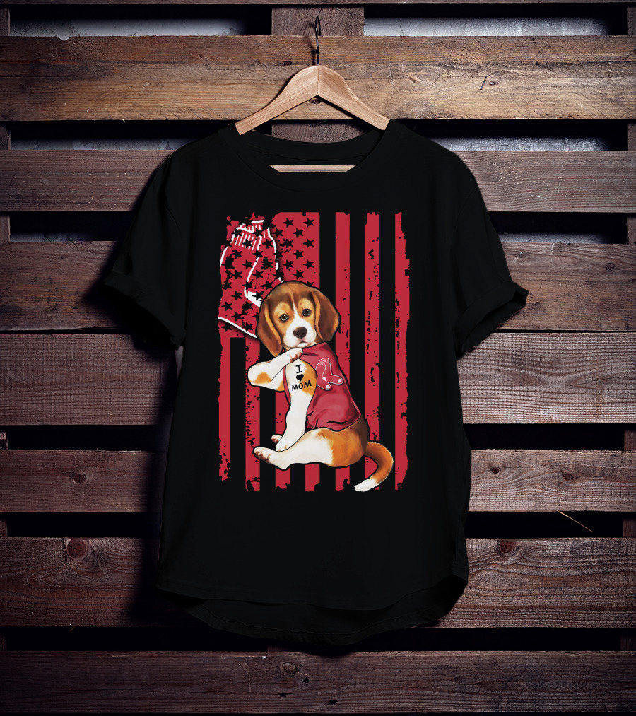 Beagle Puppy With Boston Red Sox Jersey And I Love Mom Tattoo On American Flag Background T-Shirt