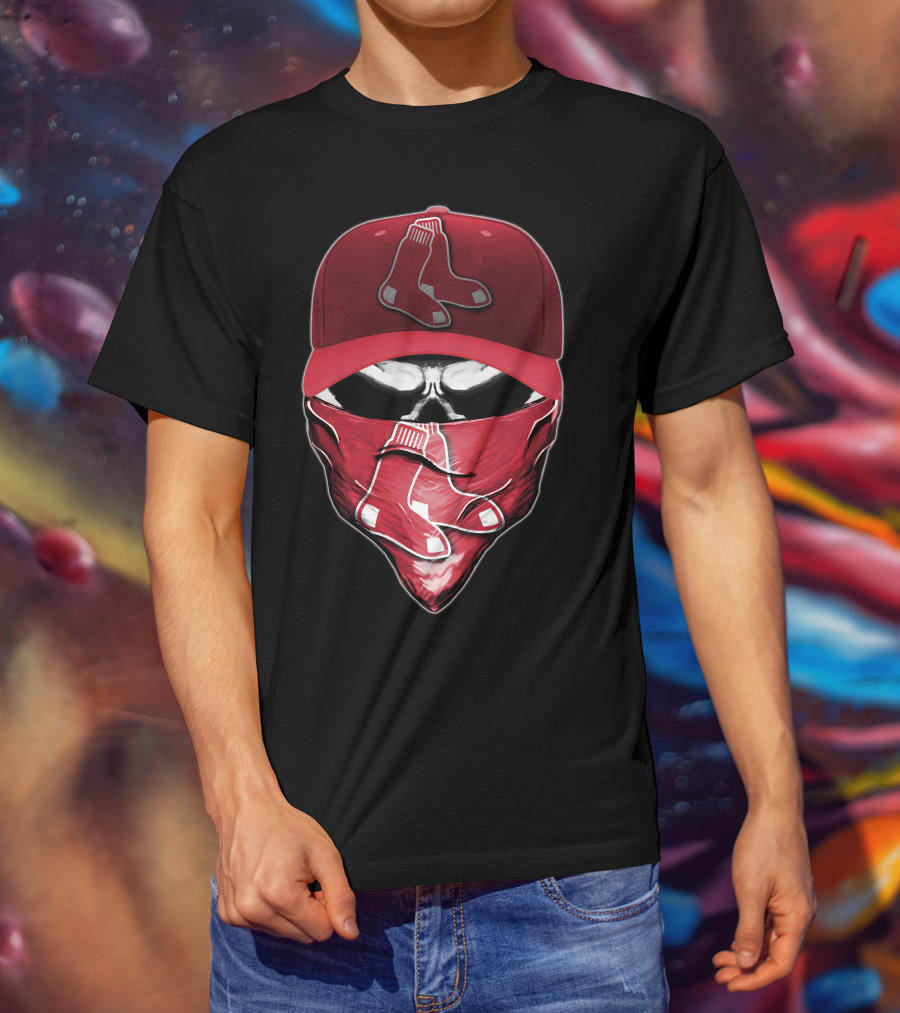 Skull Wearing Boston Red Sox Cap And Bandana T-Shirt