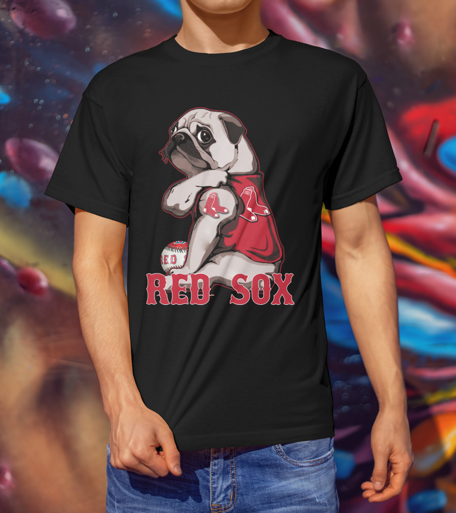 Pug With Boston Red Sox Jersey And Baseball T-Shirt