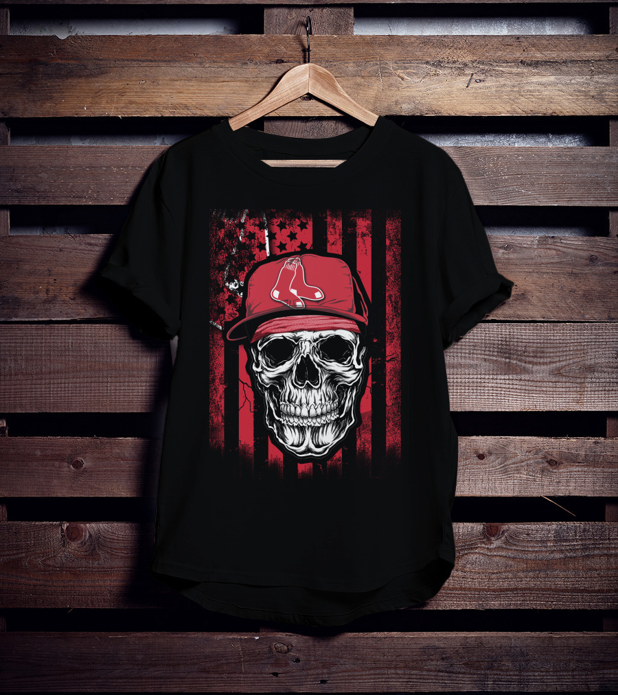 Boston Red Sox Skull Logo Cap On Red And Black T-Shirt