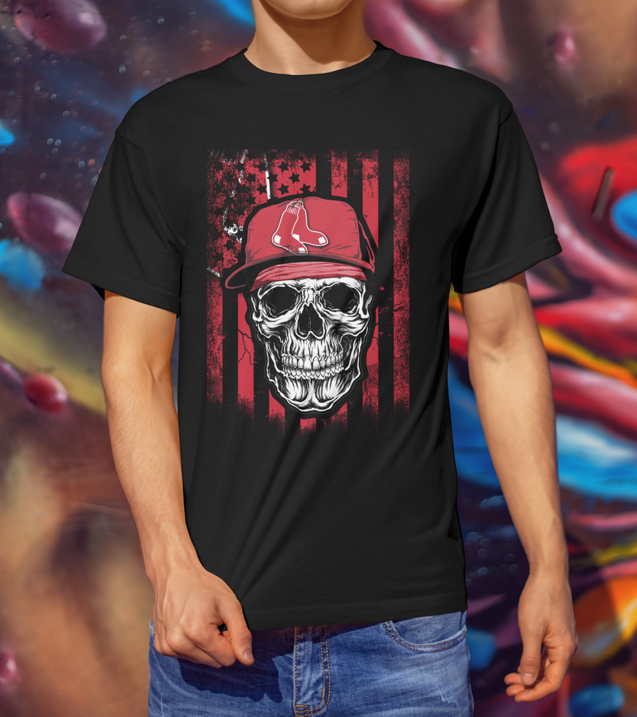 Boston Red Sox Skull Logo Cap On Red And Black T-Shirt