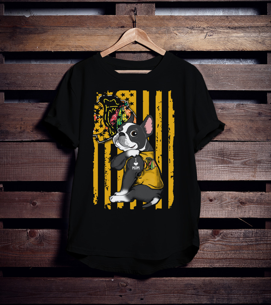 Boston Terrier I Love Mom Chicago Blackhawks Stripes T-Shirt